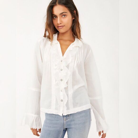 Nwt Free People - L Savannah Ruffle Button Down Blouse Ivory New $128 - Picture 1 of 7